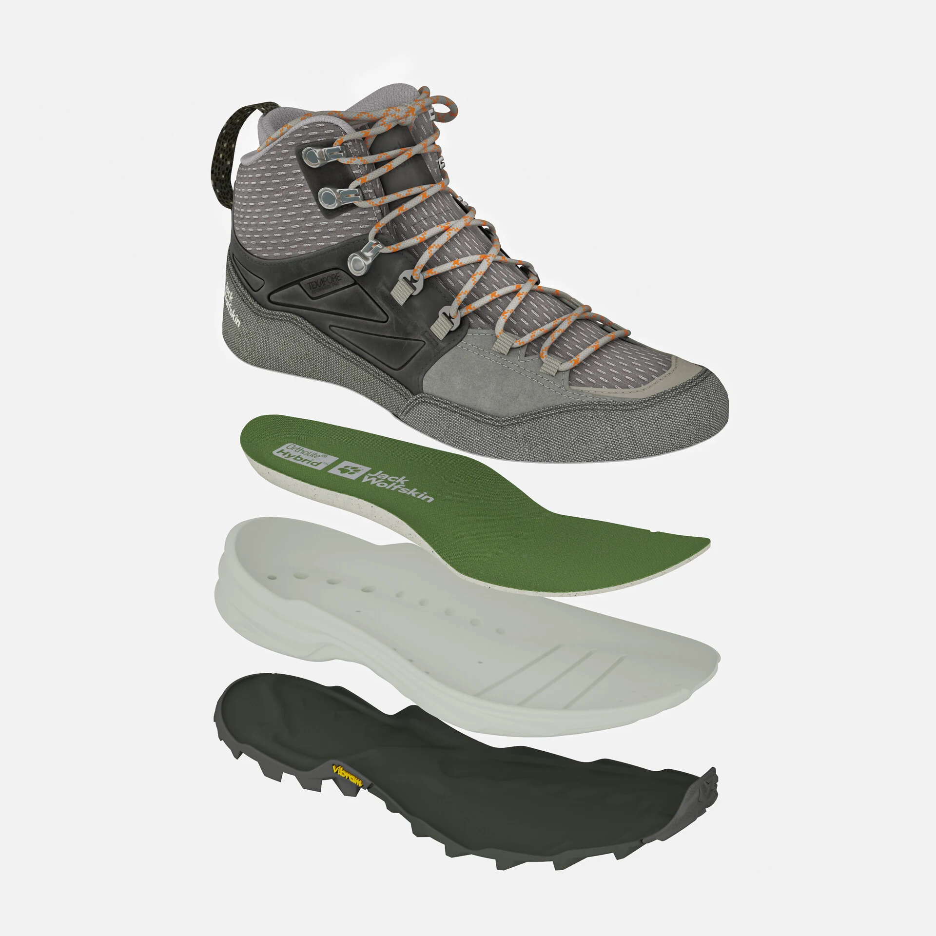 Exploded hiking boot model showing the upper, insole, cushioning and layered sole